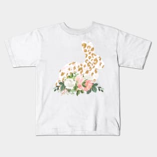 Pink and Gold Leopard Bunny with Flowers Kids T-Shirt